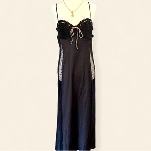 Flora Black Satin Maxi Slip Dress Womens Size M Polka Dot Mesh Sides Y2K 90s